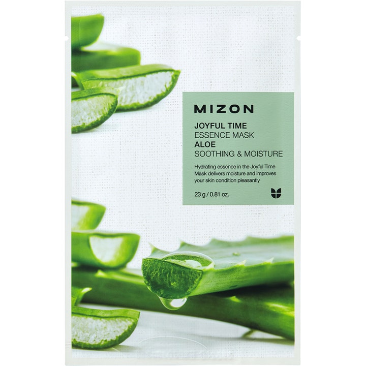 Mizon Joyful Time Essence Mask Aloe 23 g beroligende ansiktsmaske i hvit pose med bilde av aloe vera.