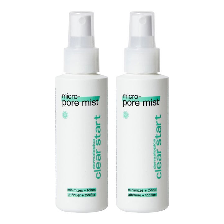 Dermalogica Clear Start Micro-Pore Mist 118 ml ansiktsspray som minsker porer i to hvite flasker med turkis tekst