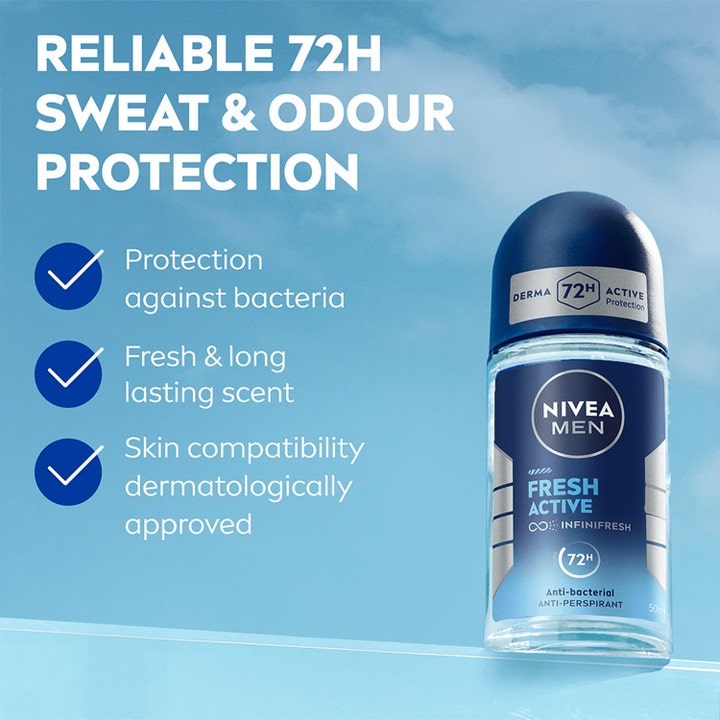 NIVEA MEN Fresh Active Roll-On 50 ml gir 72h beskyttelse mot svette og lukt i glassflaske med blå kork.