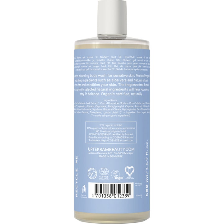 Urtekram Fragrance Free Body Wash 500 ml fuktighetsgivende dusjsåpe viser ingrediensliste og vegansk logo på blå etikett