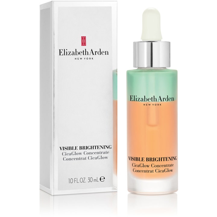 Elizabeth Arden Visible Brightening Cica Glow 30 ml serum i glassflaske med tofarget grønn og ferskenfarget væske