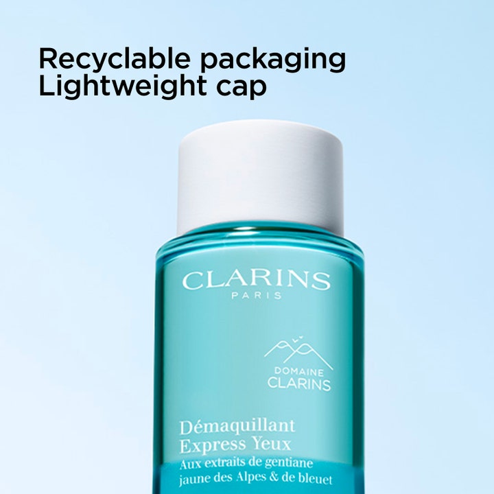 Clarins Instant Eye Make-Up Remover 125 ml øyesminkefjerner med resirkulerbar emballasje og hvit lettvektskork