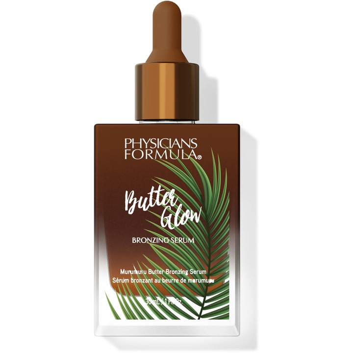 Physicians Formula Butter Glow Bronzing Serum 30 ml gir glød i en brun glassflaske med pipette og palmeblad-dekor.