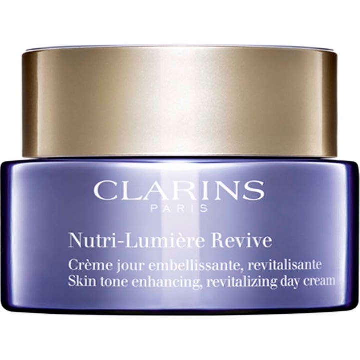 Clarins Nutri-Lumière Revive 50ml revitaliserende dagkrem som gir glød i lilla glasskrukke med gullfarget lokk