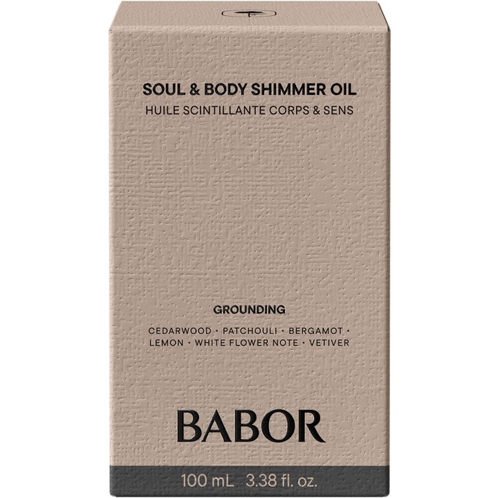 Babor Soul & Body Shimmer Oil 100 ml glødgivende kroppsolje i beige teksturert eske med duftnoter av sedertre