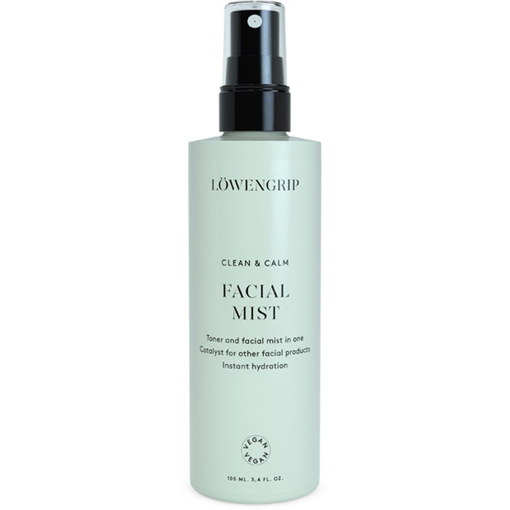Löwengrip Clean & Calm Facial Mist 100 ml fuktighetsgivende ansiktsspray i lysegrønn flaske med svart pumpe