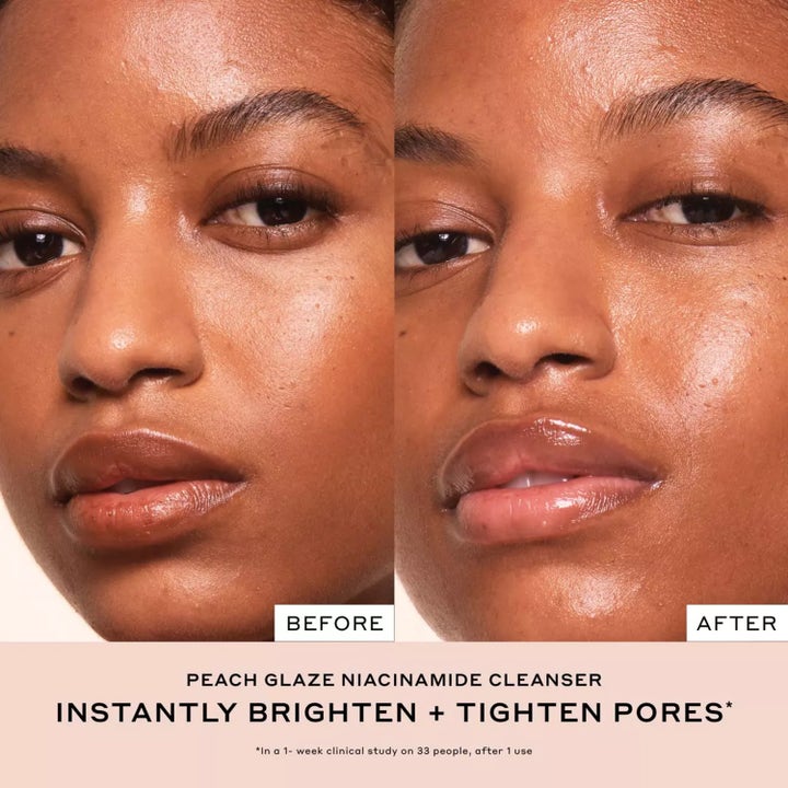 Ole Henriksen Truth Peach Cleanser 148 ml rengjøringsgel før og etter bilde som gir glød og mindre porer