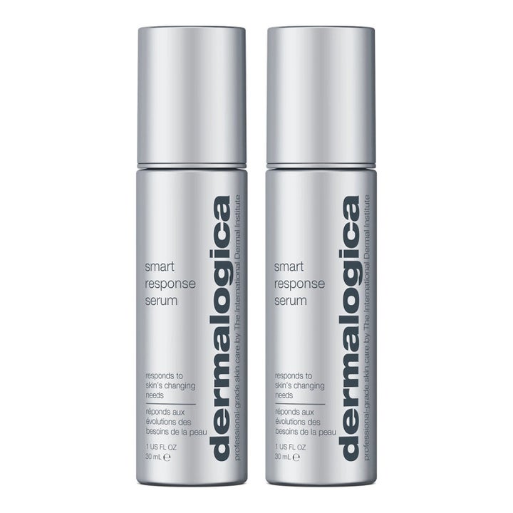 Dermalogica Smart Response Serum 30 ml intelligent ansiktsserum som gir fukt i to sølvfargede sylindriske flasker.