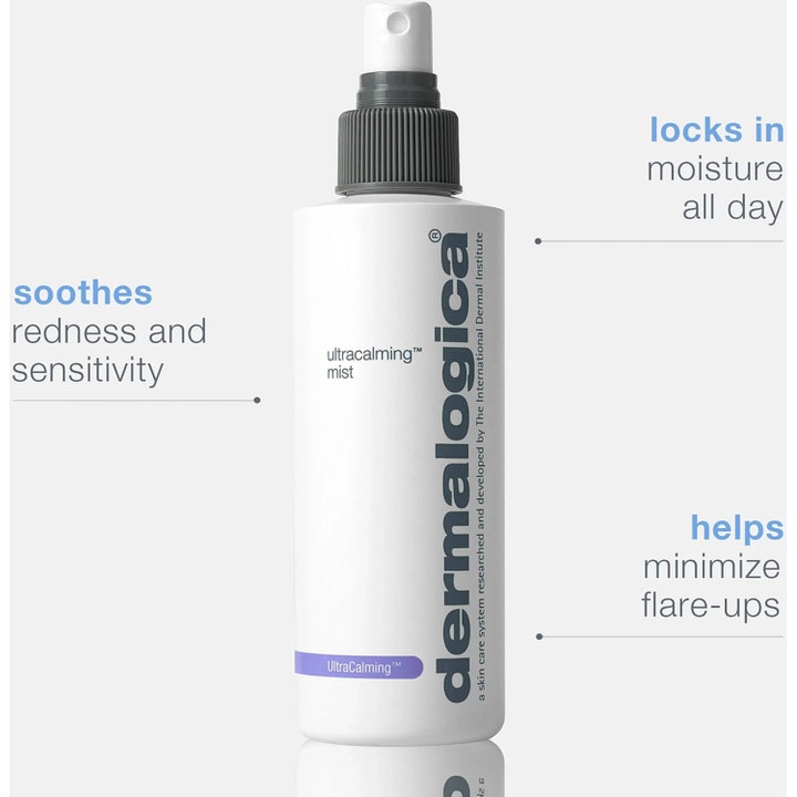 Dermalogica UltraCalming Mist 177 ml beroligende ansiktsspray i hvit flaske som demper rødhet og låser inn fukt