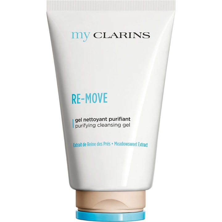 My Clarins RE-MOVE Purifying Cleansing Gel 125 ml rensende ansiktsgel i hvit tube med blå skrift og beige kork