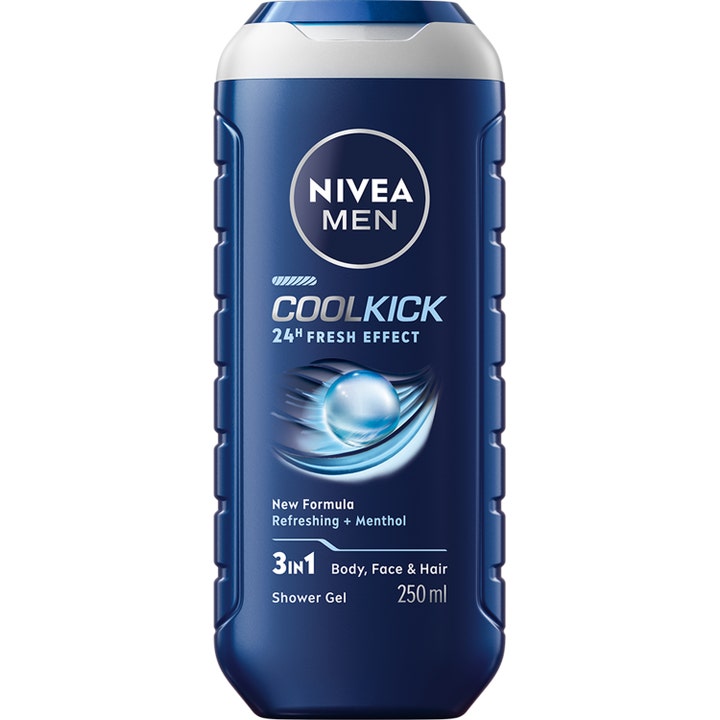 Nivea Men Cool Kick 250 ml oppfriskende dusjsåpe med mentol i mørkeblå plastflaske med grafikk av en isblå kule.