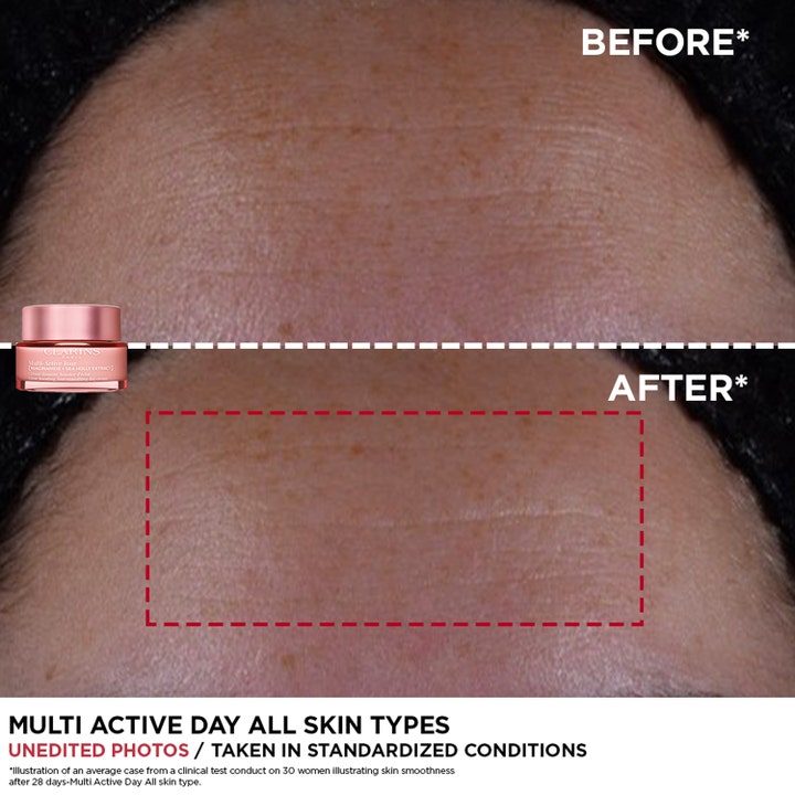 Clarins Multi-Active Jour 50 ml dagkrem som gir glød og glatter ut linjer vist med før og etterbilder av panne