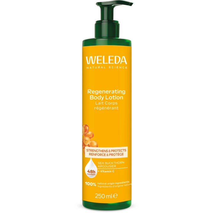 Weleda Regenerating Body Lotion 250 ml som gir fuktighet med tindved og vitamin C i gul flaske med mørkegrønn pumpe