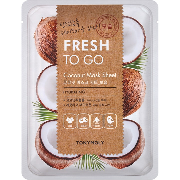 TonyMoly Fresh To Go Coconut Mask Sheet fuktighetsgivende arkmaske dekket med bilder av hele og halve kokosnøtter