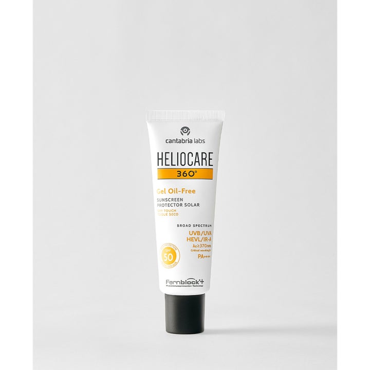 Heliocare 360 Gel Oil-Free 50 ml solkrem i hvit tube med oransje detaljer som gir matt finish og høy SPF 50 beskyttelse.