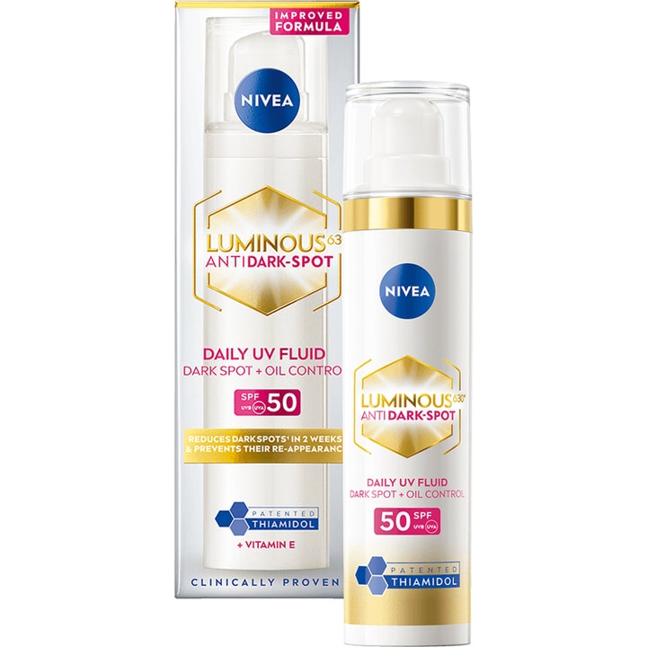 Nivea Luminous 630 Anti Dark Spot Daily UV Fluid SPF 50 mot pigmentflekker i hvit pumpeflaske med gulldetaljer og eske