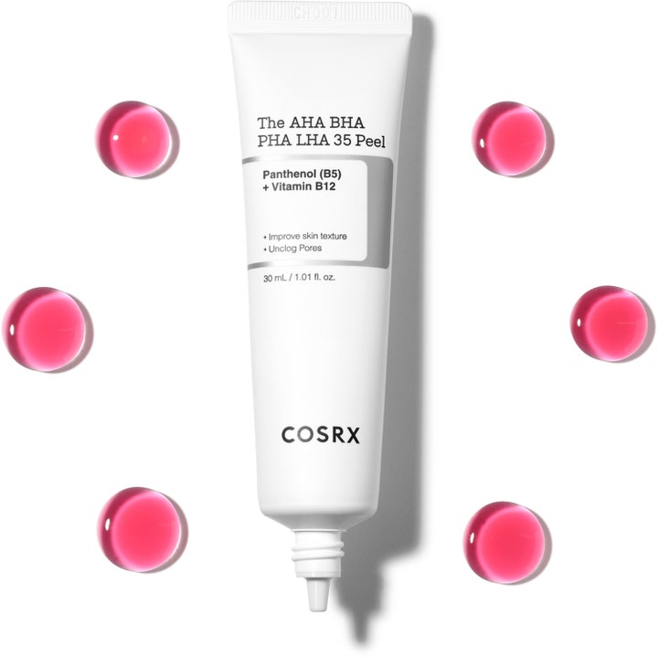 COSRX The AHA BHA PHA LHA 35 Peel 30 ml peeling i hvit tube med rosa dråper som forbedrer hudtekstur