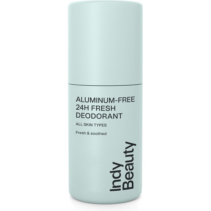 Indy Beauty Aluminum-Free 24H Fresh Deodorant gir naturlig friskhet i en lyseblå sylindrisk forpakning.