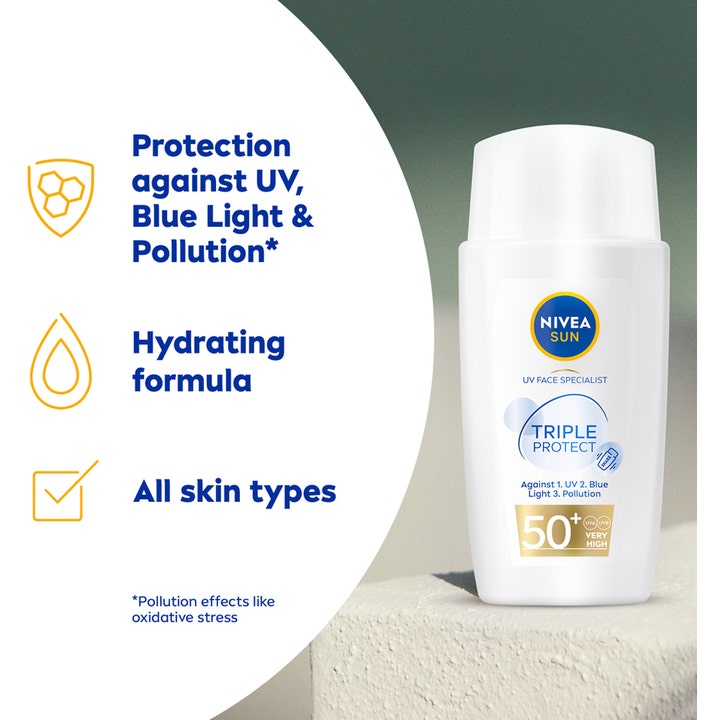 NIVEA UV Face Triple Protect Fluid SPF50+ 40 ml solkrem i hvit tube som beskytter mot UV og blått lys.
