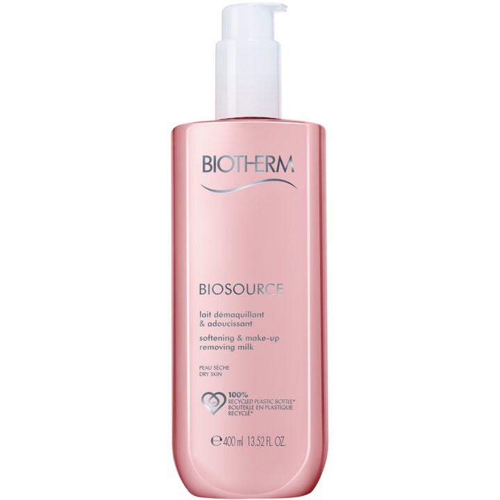 Biotherm Biosource 400 ml mykgjørende rensemelk for tørr hud i en rosa plastflaske med hvit pumpe
