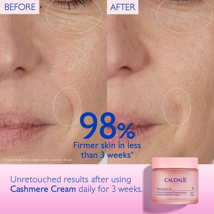 Caudalie Resveratrol-Lift Firming Cashmere Cream 50 ml dagkrem med før- og etterbilder som viser 98 % fastere hud på tre uker.