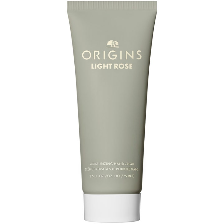 Origins Light Rose 75 ml fuktighetsgivende håndkrem i salviegrønn tube med hvit kork som pleier tørre hender