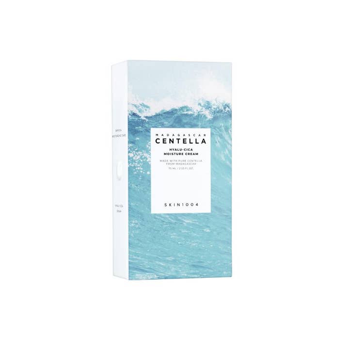 SKIN1004 Madagascar Centella Hyalu-Cica Moisture Cream 75 ml fuktighetsgivende ansiktskrem i boks med blått havmotiv