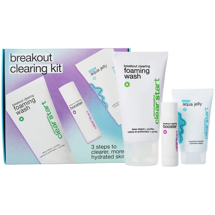 Dermalogica Clear Start Breakout Clearing Kit hudpleiesett med rens, booster og fuktighetsgel i hvit emballasje.