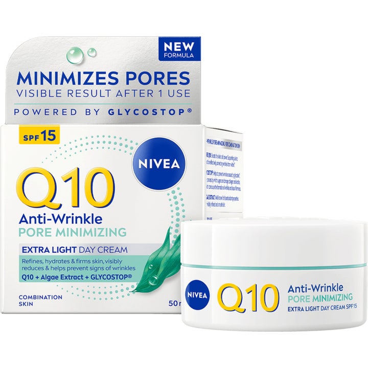 Nivea Q10 Anti-Wrinkle Pore Minimizing 50 ml dagkrem i hvit plastkrukke med tilhørende hvit eske