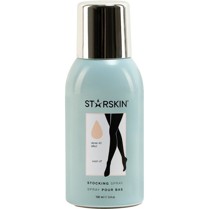 Starskin Stocking Spray Color 10 100 ml selvbruning for kropp i lyseblå sprayflaske med sølvkork og benillustrasjon.