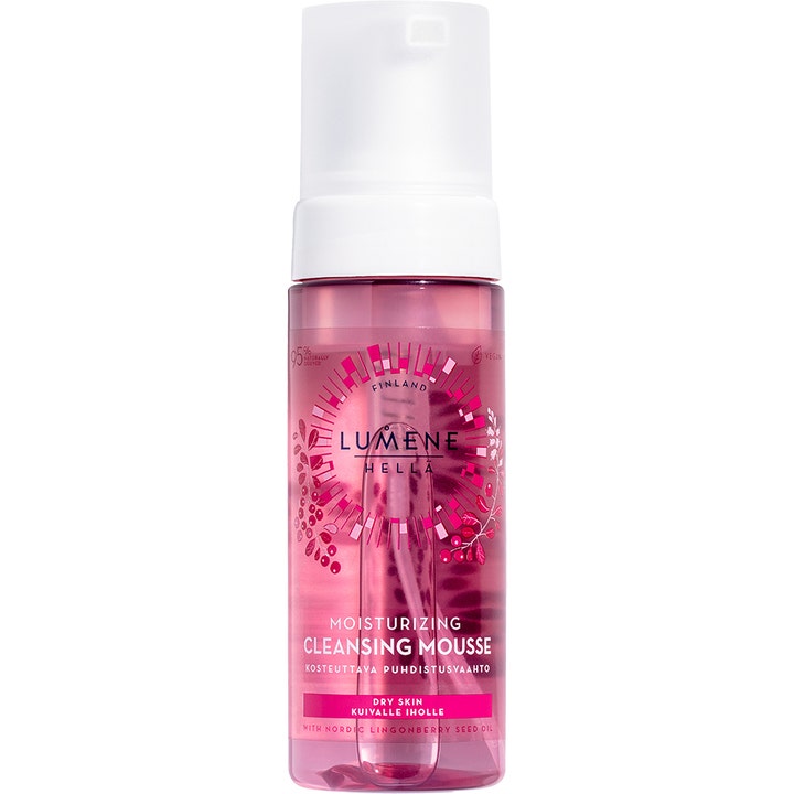 Lumene Hellä Moisturizing Cleansing Mousse 150 ml fuktgivende ansiktsrens i rosa flaske med hvit pumpe