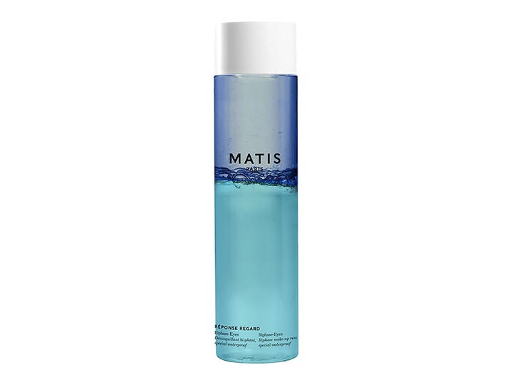 Matis Réponse Regard Biphase-Eyes 150ml øyesminkefjerner fjerner vannfast sminke i blå to-delt flaske.