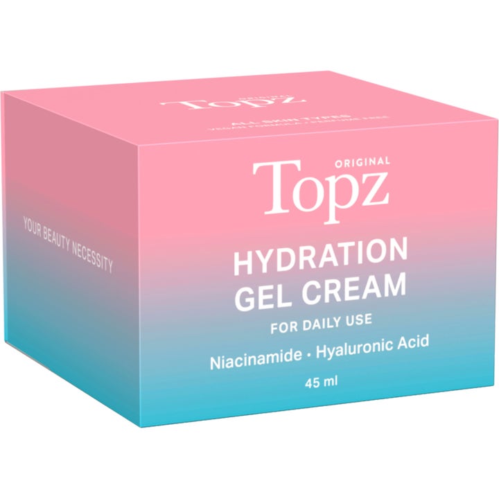 Topz Daily Face Gel Cream 45 ml fuktighetskrem i rosa og blå eske med niacinamide og hyaluronsyre