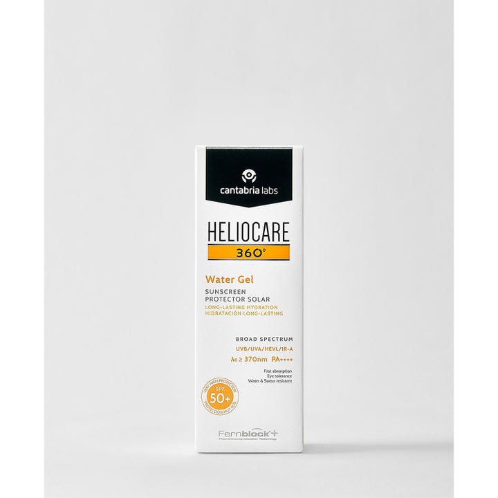 Heliocare 360 Water Gel 50 ml fuktighetsgivende solkrem for ansiktet i hvit eske med oransje SPF 50+ tekst