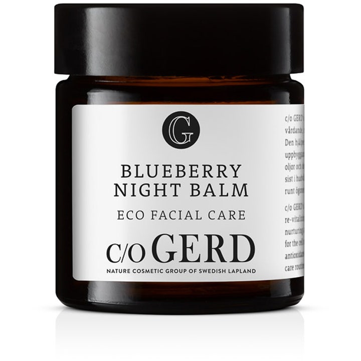 c/o Gerd Blueberry Night Balm nærende økologisk ansiktsbalm i mørk glasskrukke med sort lokk og hvit etikett