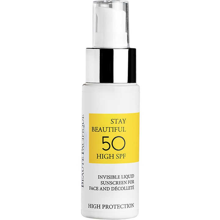 Beauté Pacifique Stay Beautiful SPF 50 50ml ansiktssolkrem gir høy beskyttelse i hvit pumpeflaske med gul etikett