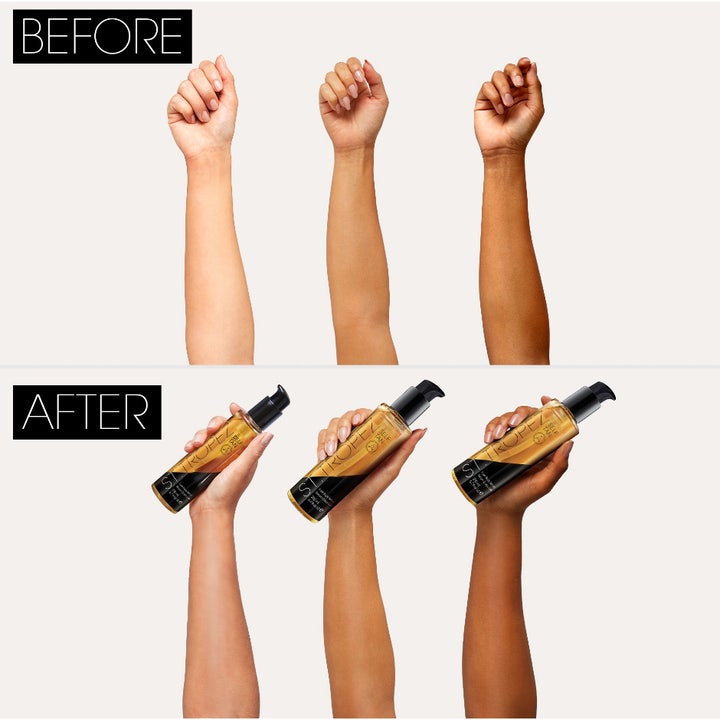 St.Tropez Self Tan Luxe Body Serum 200 ml viser før og etter resultat på tre hudtoner for en naturlig glød.