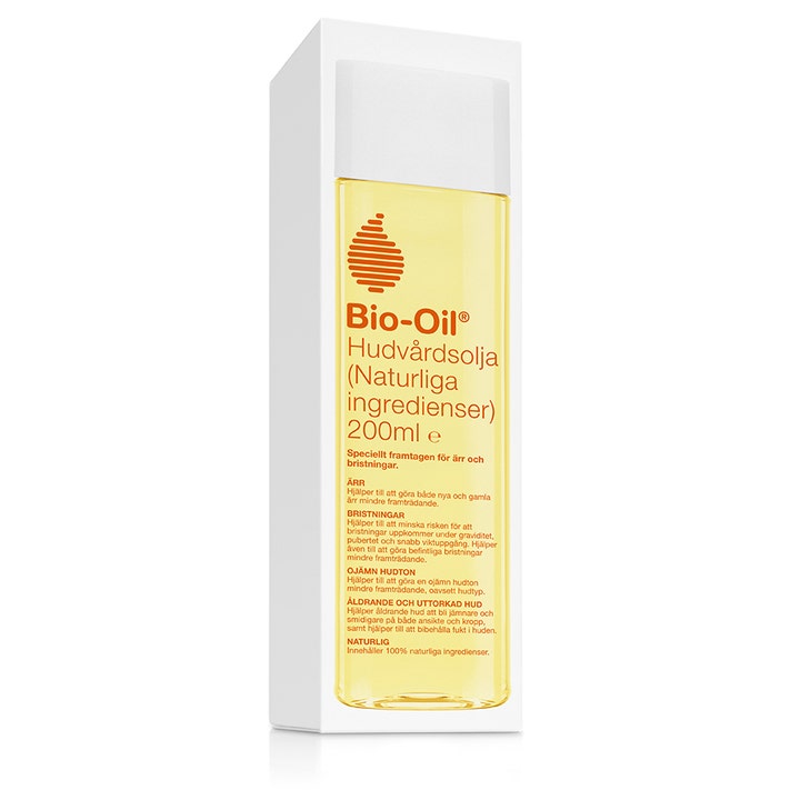 Bio-Oil Hudpleieolje Naturlige ingredienser 200 ml mot arr og strekkmerker i hvit eske med gul olje.
