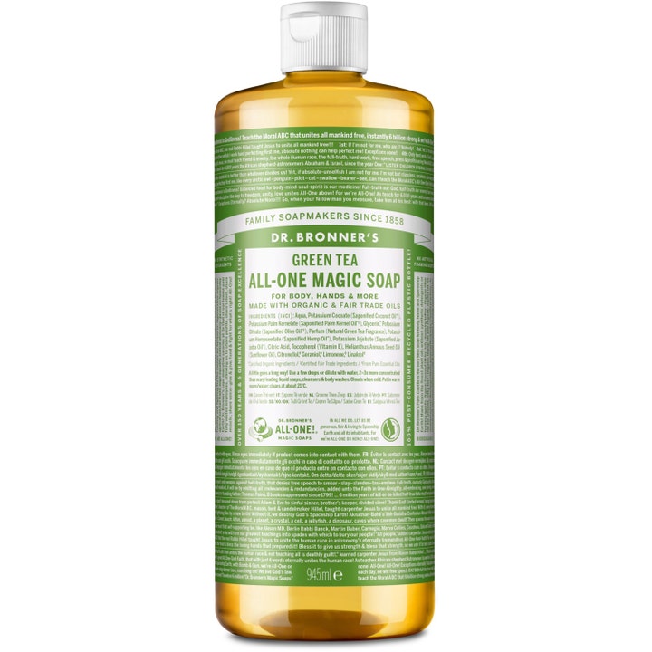 Dr. Bronner's Green Tea All-One Magic Soap 945 ml flytende såpe som gir friskhet i ravgul plastflaske med grønn etikett