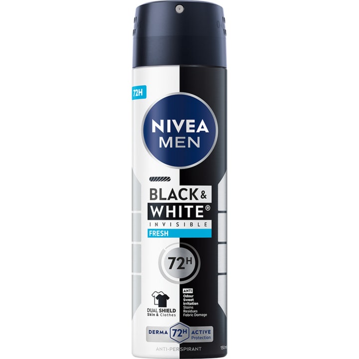 Nivea Men Black & White Invisible Fresh 150 ml antiperspirant spray mot flekker i en stilren sort og hvit flaske