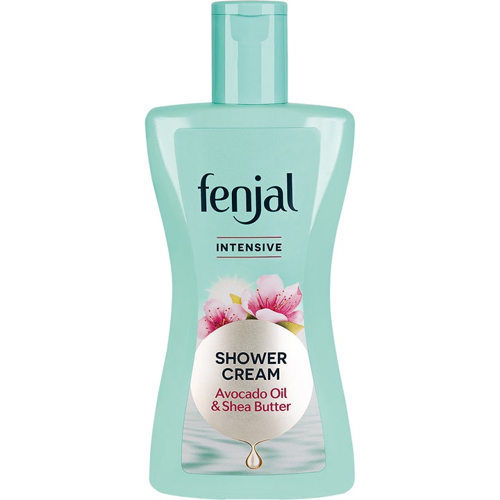 Fenjal Intensive Shower Cream dusjkrem som gir fuktighet i en mintgrønn flaske dekorert med rosa blomster.