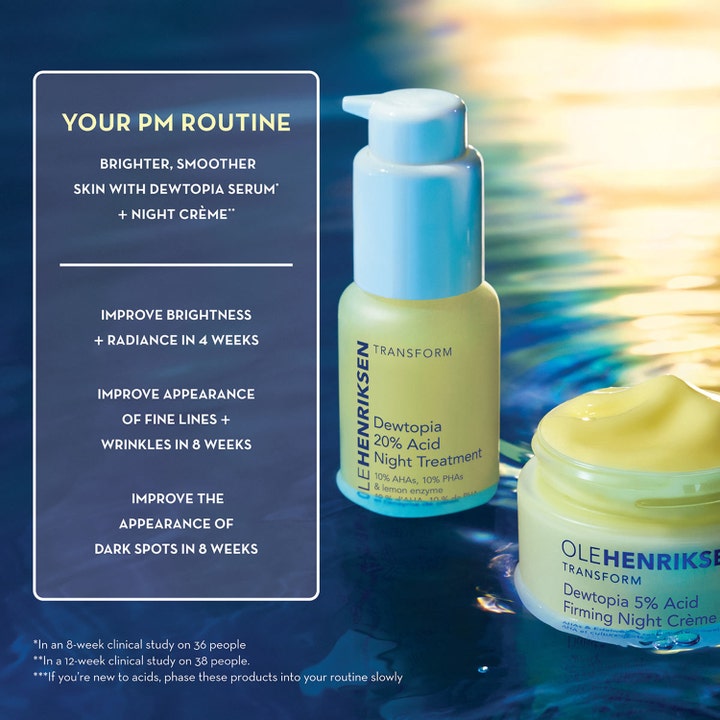 Ole Henriksen Dewtopia 5% Acid Firming Night Crème 50 ml oppstrammende nattkrem i krukke med gul tekstur ved vann.