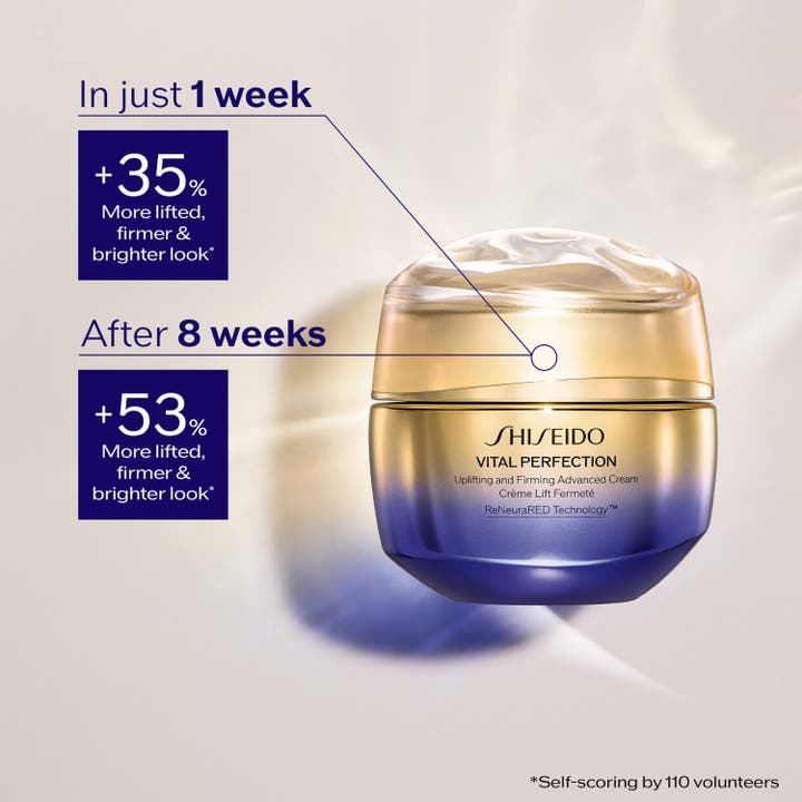 Shiseido Vital Perfection Advanced Day Cream 50 ml i lilla glasskrukke som gir løft og fastere hud