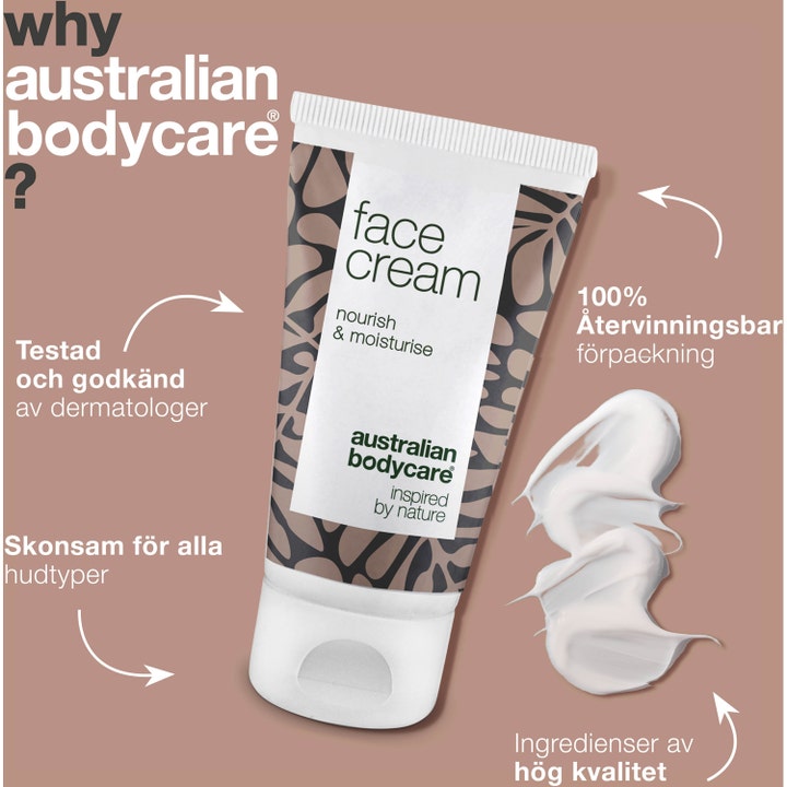 Australian Bodycare Face Cream 50 ml pleiende ansiktskrem i hvit tube ved siden av en hvit kremet tekstur.