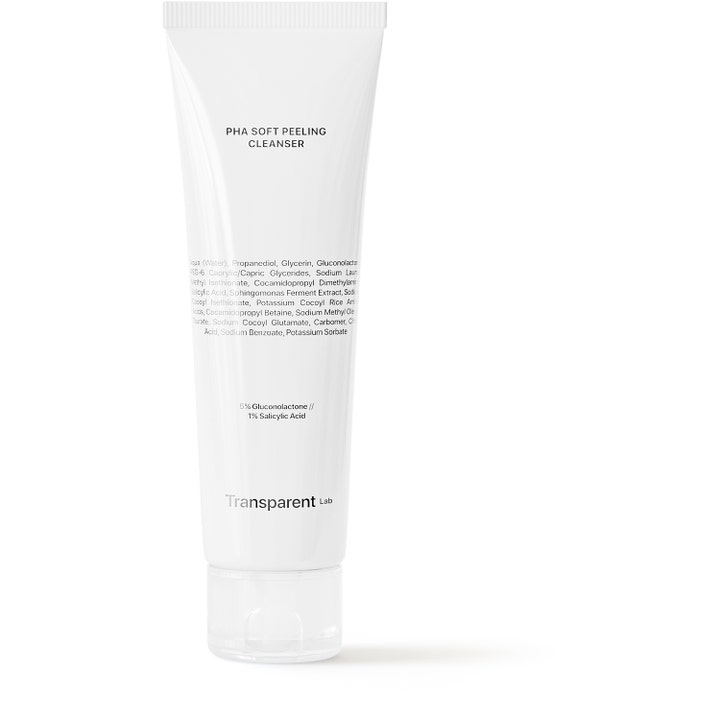 Transparent Lab PHA Soft Peeling Cleanser eksfolierende ansiktsrens som gir glød i hvit tube med gjennomsiktig kork