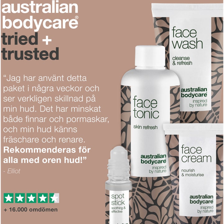 Australian Bodycare 4 Step Face Care 309 ml hudpleiesett mot uren hud med hvit emballasje og brunt bladmønster