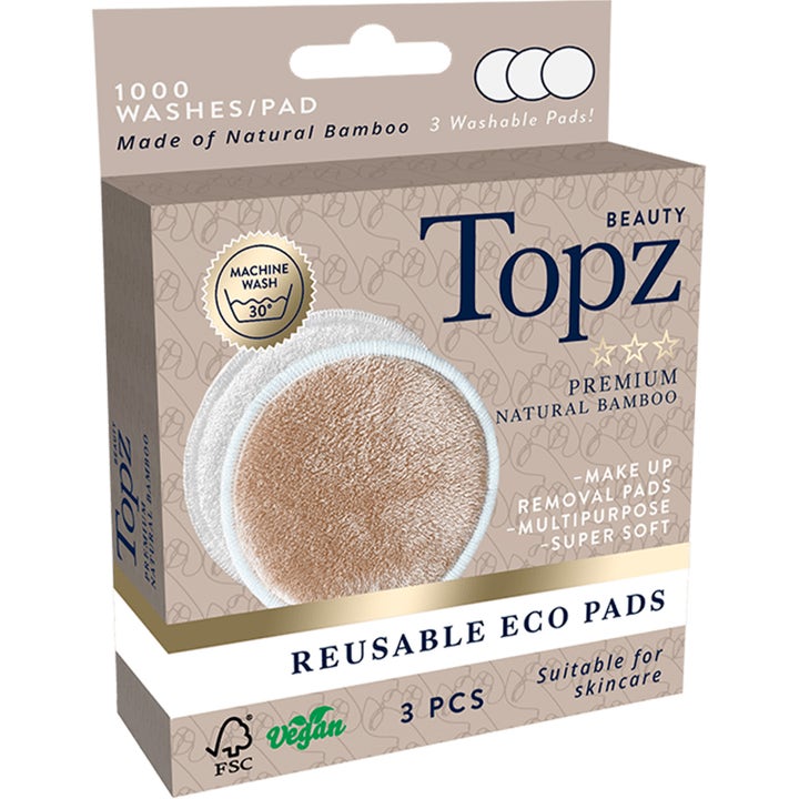 Topz Beauty Reusable Eco Pads 3 stk vaskbare sminkepads i hvit og beige bambus i en miljøvennlig pappeske