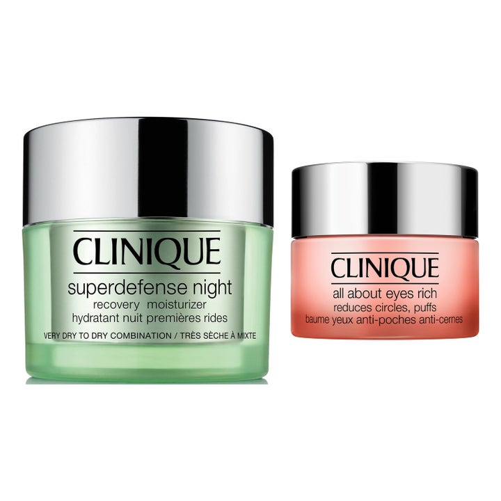 Clinique Superdefense Night og All About Eyes Rich fuktighetsgivende sett i grønn og rosa krukke med sølvlokk