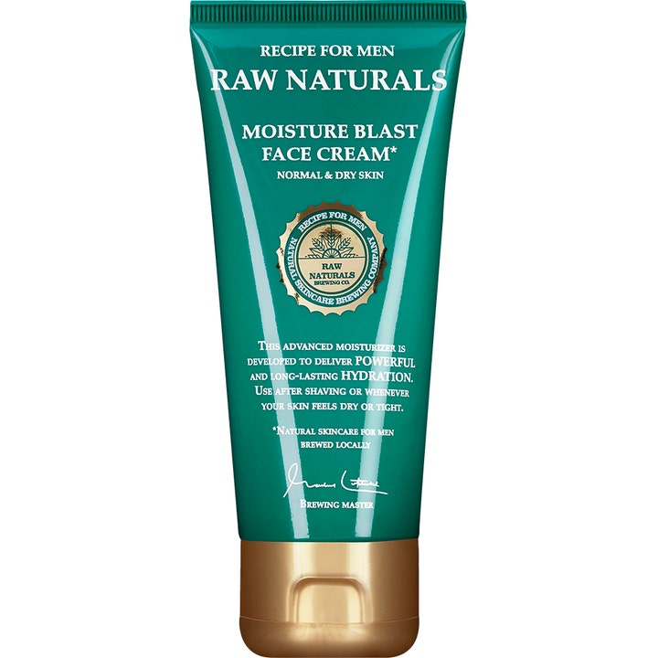 Recipe for Men Raw Naturals Moisture Blast Face Cream fuktighetsgivende ansiktskrem i grønn tube med bronsefarget kork