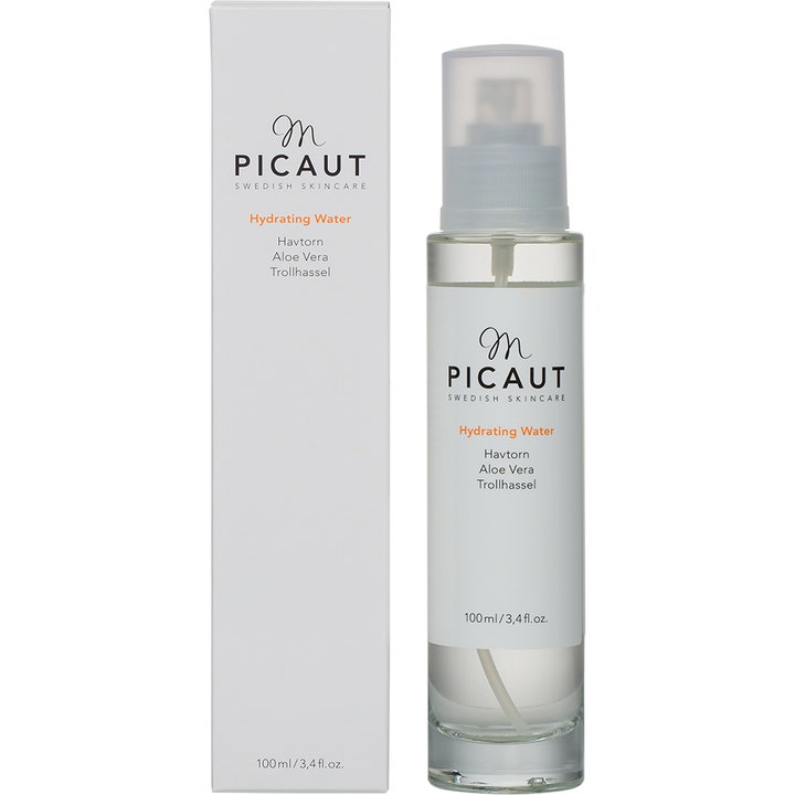 M Picaut Hydrating Water 100 ml fuktighetsgivende face mist i klar pumpeflaske med hvit eske